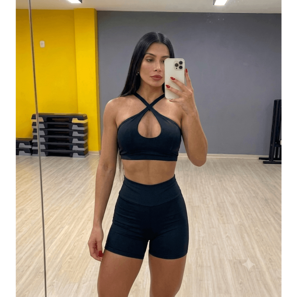 Conjunto de Top e Short Academia Feminino Liso com Bojo Removível Suplex Premium Moda Fitness