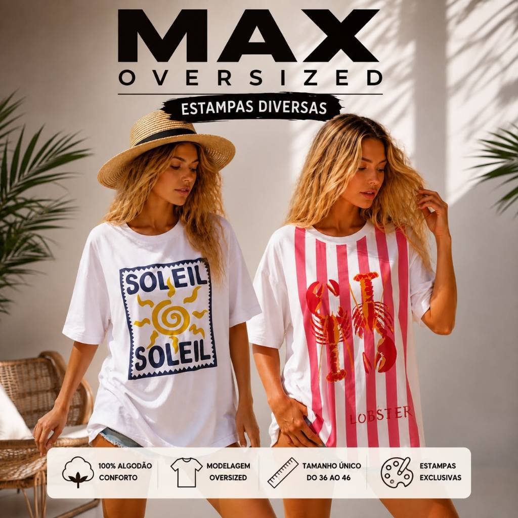 Max Blusão Oversized Blusa Feminina Diversas Estampa Camiseta 100% Algodão StreetWear