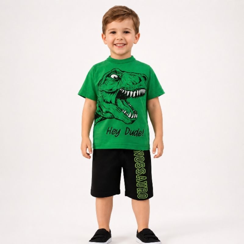 Conjunto Manga Curta Infantil de Menino Verde Dinossauro