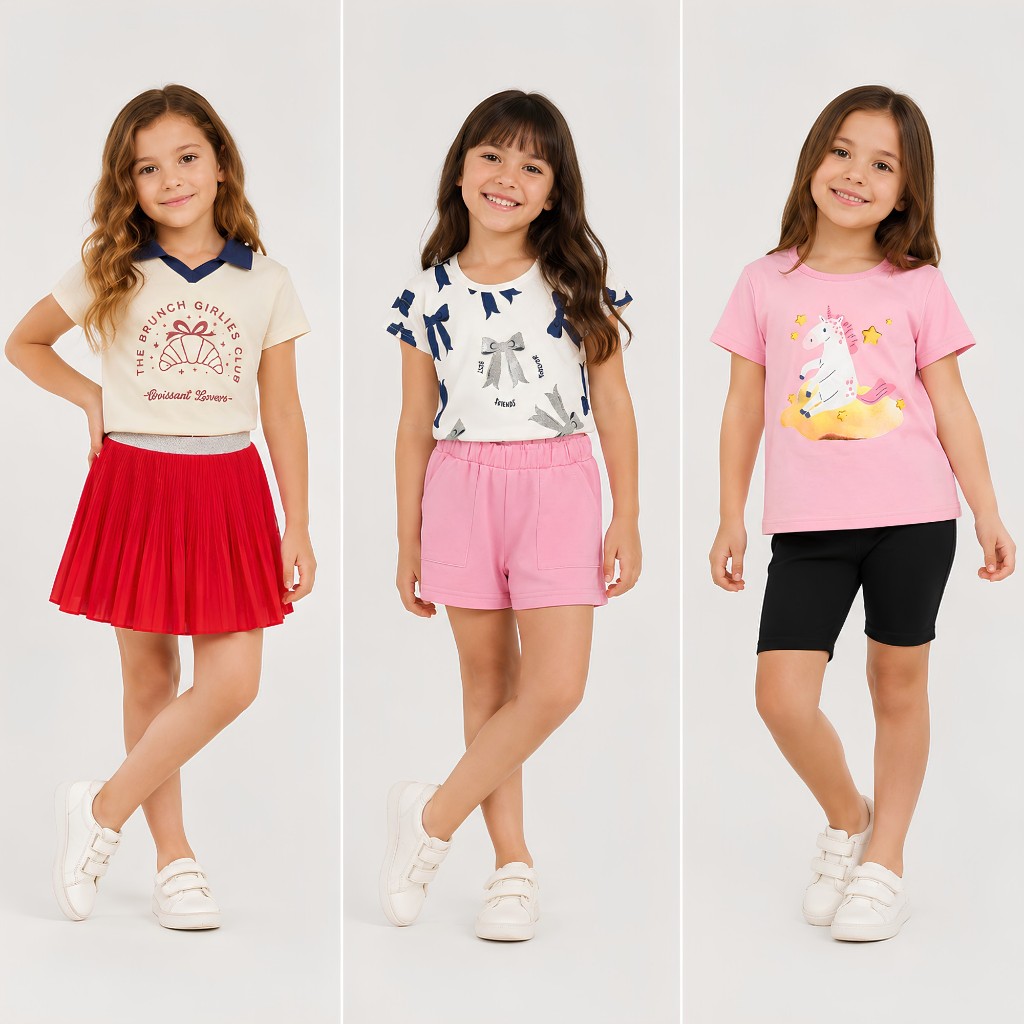 Kit 3 ou 5 Conjunto Infantil Menina Verão Sortido Blusa Infantil Menina + Shorts Tamanho 1 ao 8 Anos