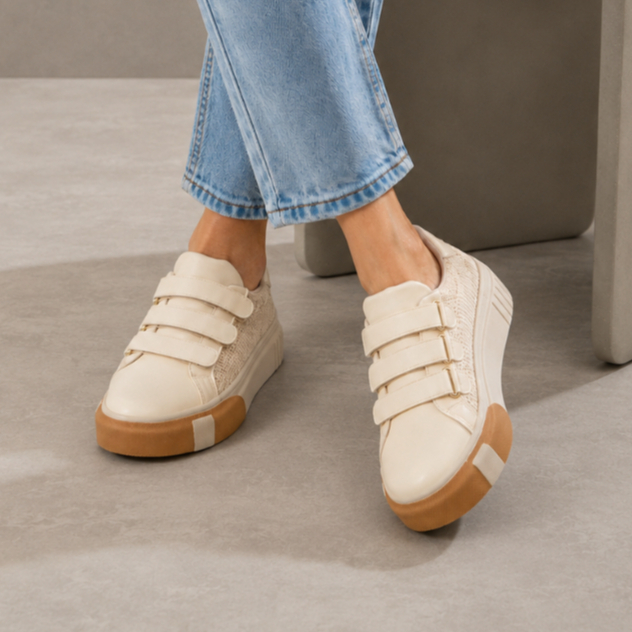 Tênis Feminino Casual Plataforma Velcro Knit Confortável Dia a Dia