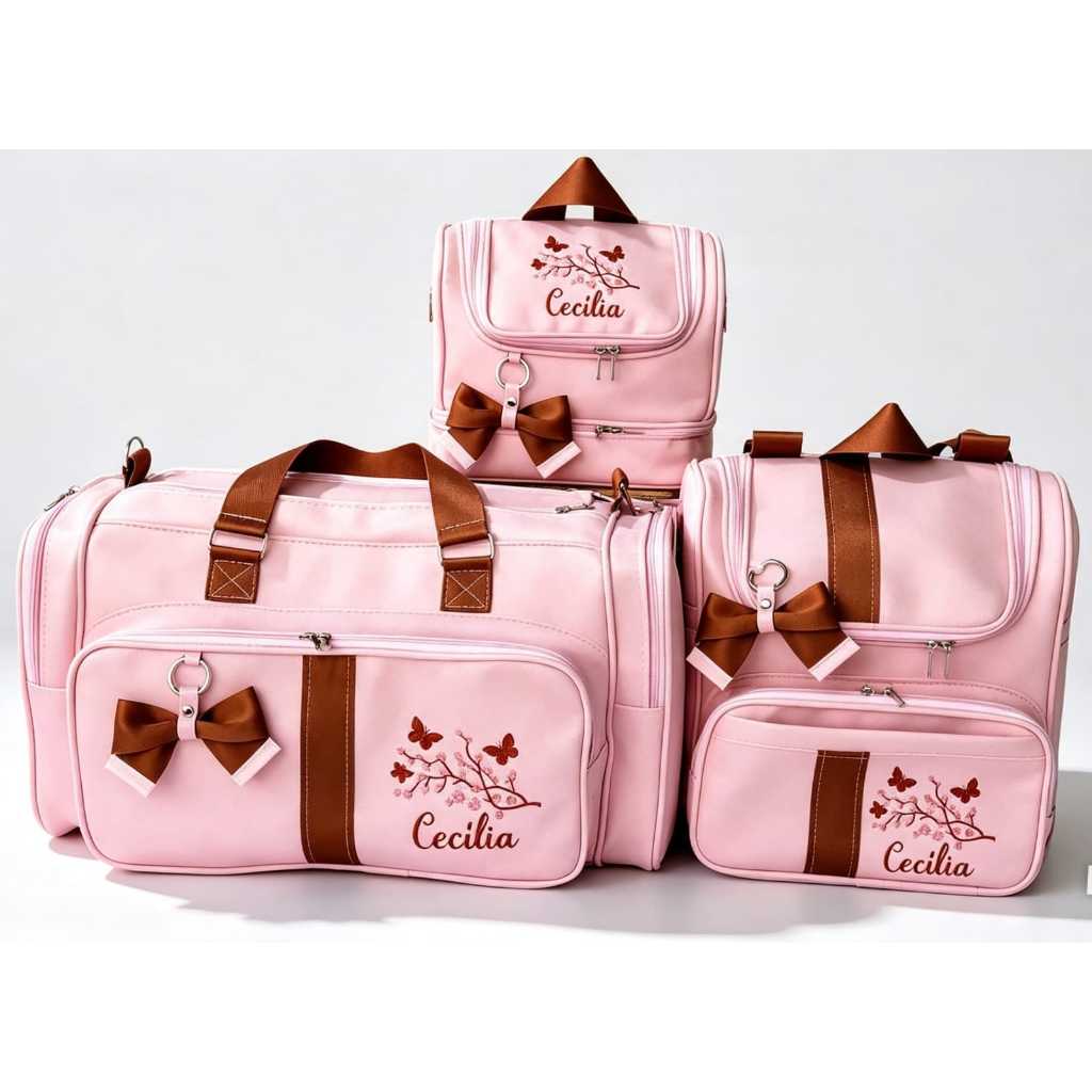 kit de bolsas maternidade personalizada 3 peças mamãe bebê menino menina azul rosa