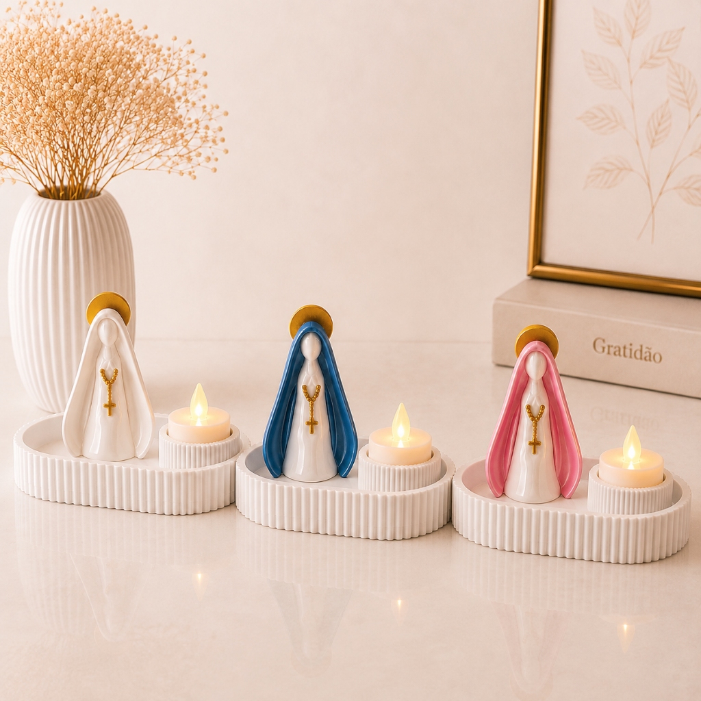 Nossa Senhora 8cm Decorativa com Bandeja 12cm Porta Vela LED Vela Inclusa Imagem Católica Decoração Religiosa Presente
