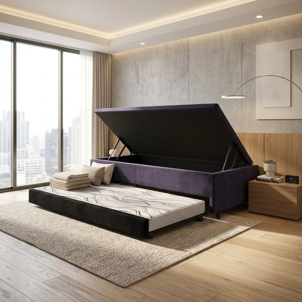 Bicama Baú Solteiro 88x188 Suede Preto com Colchão Auxiliar