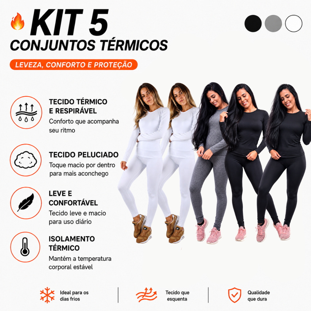 Kit 5 Conjuntos Térmico Pelúciado Calça/Blusa Segunda Pele Proteção de Frio Intenso