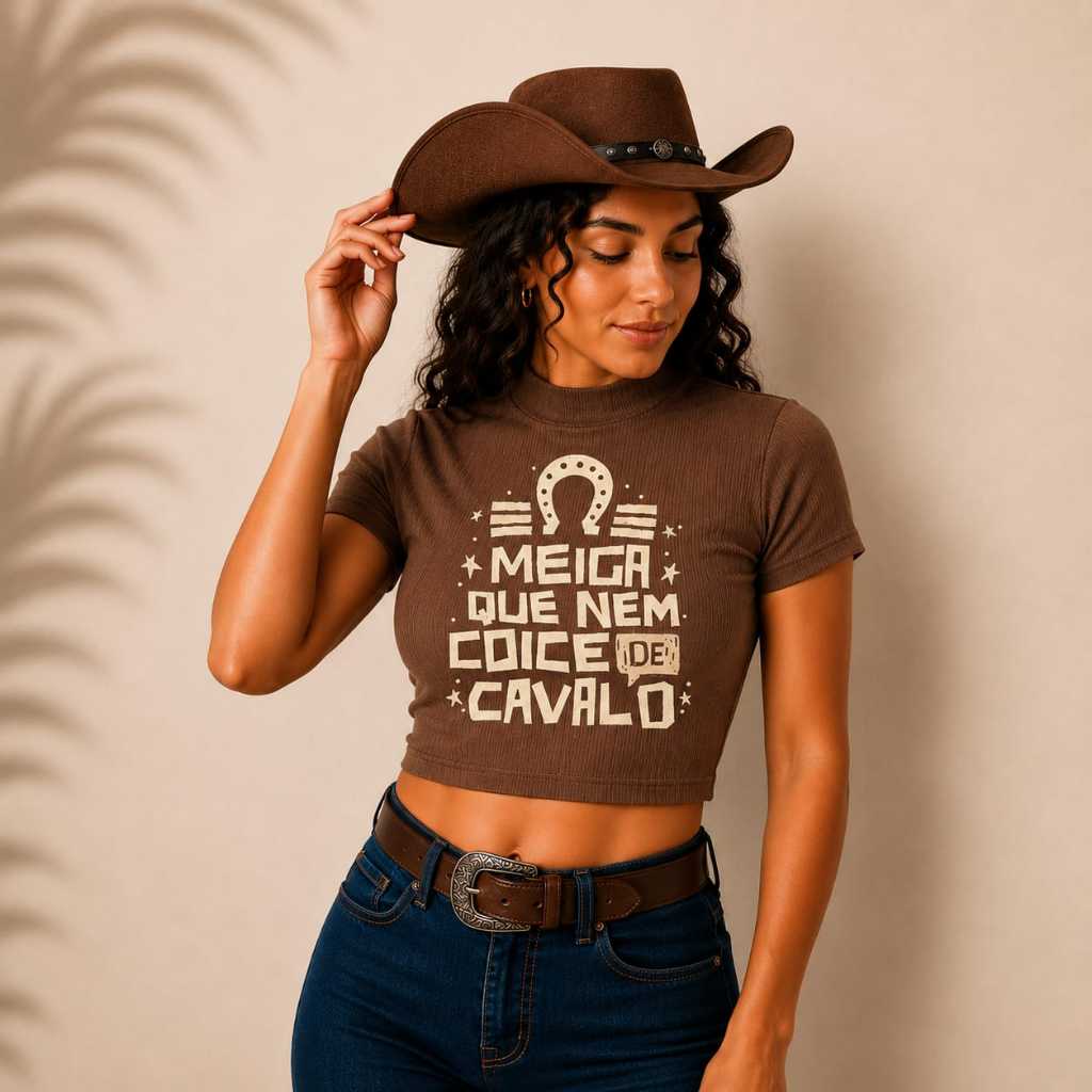 Blusa Cropped Feminina Canelada Premium Algodão com Elastano Gola Alta Manga Curta Country Moda Feminina Barretos Festa