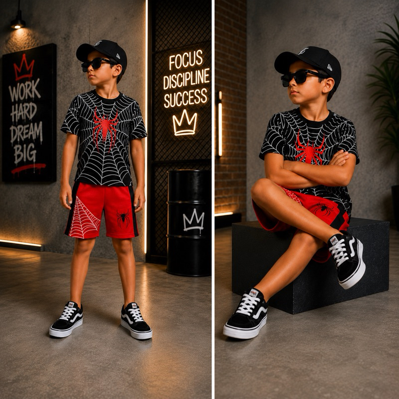 Conjunto Infantil Menino Teia Aranha Camiseta + Bermuda Vermelha Confortável Estiloso