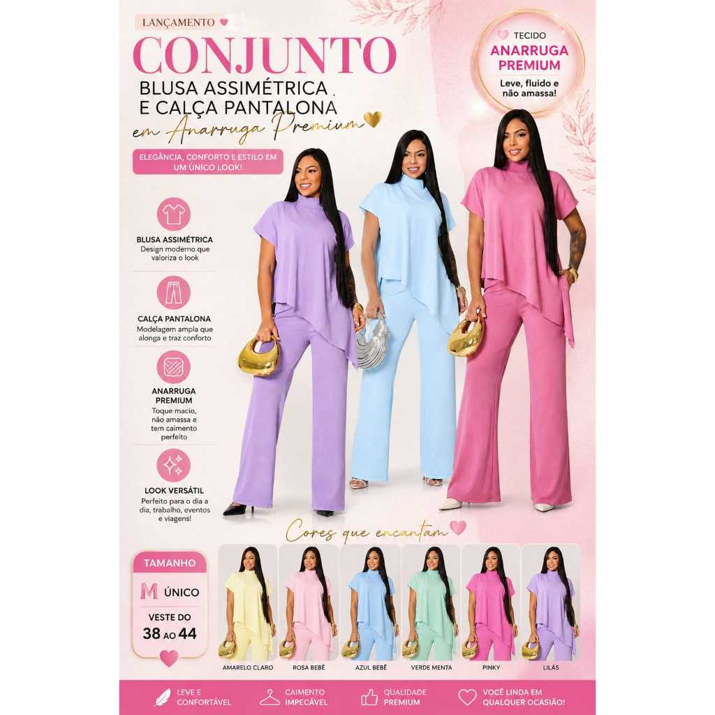 Conjunto Elegante Feminino Com Blusa assimétrica e Calça Pantalona Em Anarruga Premium