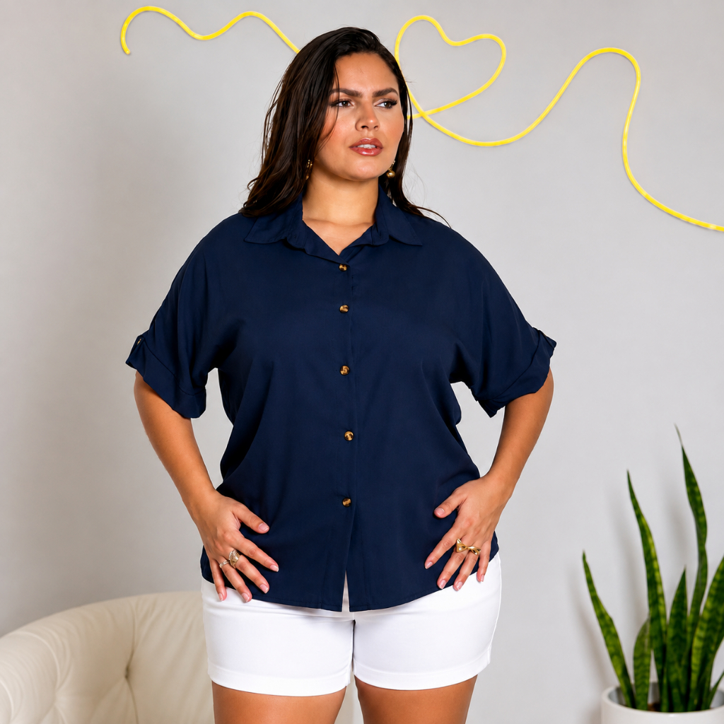 Camisa feminina plus size botões frontaes manga curta