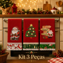 Pano de Prato Bordado Natalino Kit 3 peças Vermelho LANÇAMENTO