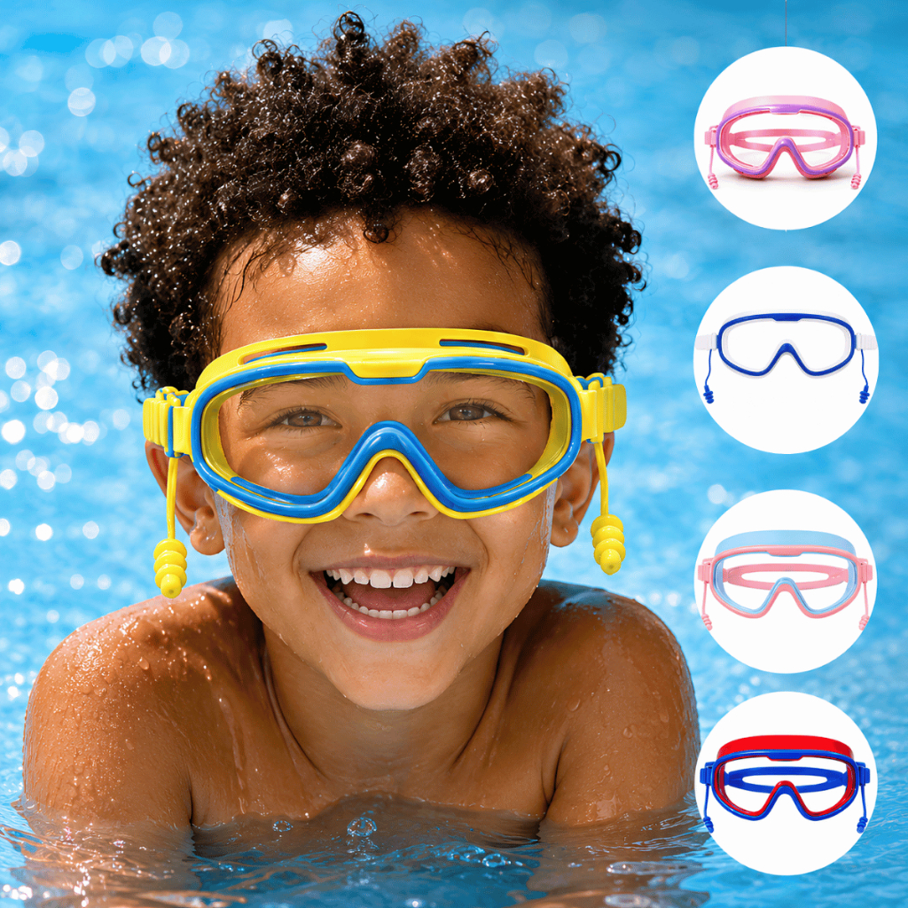 Óculos Natação Infantil Antiembaçante Prova D'agua Protetor Orelha Silicone Ajustável Crianças Meninos Meninas Piscina
