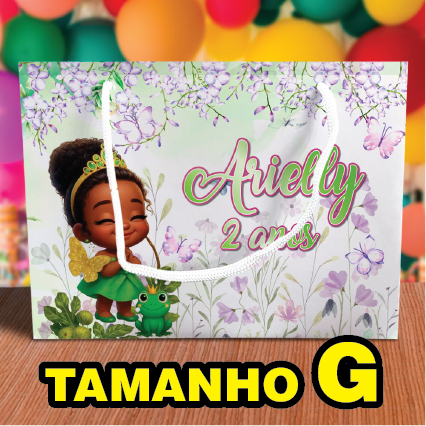 Sacolinha de Festa Princesa Tiana Baby Grande Tamanho G Lembrancinha Personalizada Kit Festa Sacola Deitada Reta