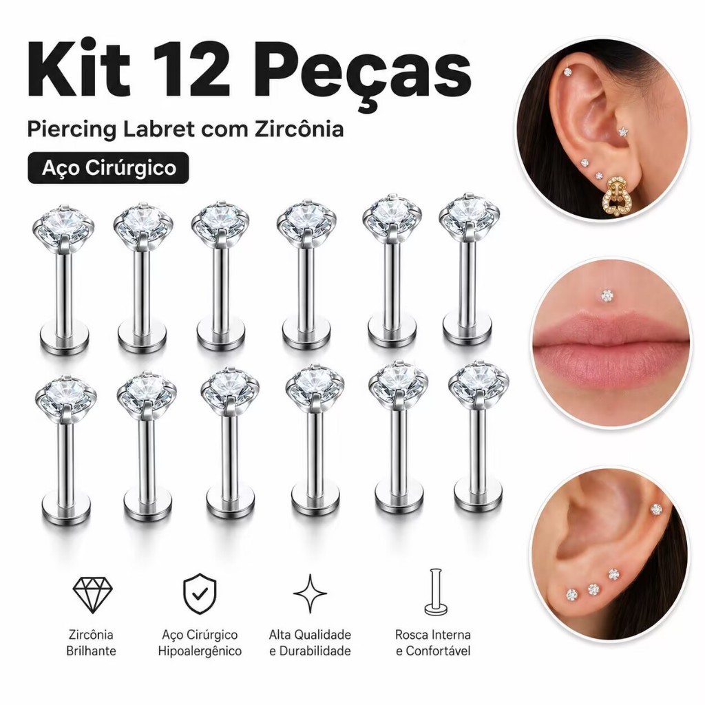 Kit 12 Piercing Labret Ponto De Luz (2.5mm) Helix Tragus Conch Aço Cirúrgico 6/8/10mm