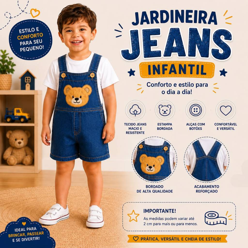 Jardineira Jeans Infantil Curta Bordada Menino Menina 2 4 6 Anos Jeans Leve Alças Macacão Bebe