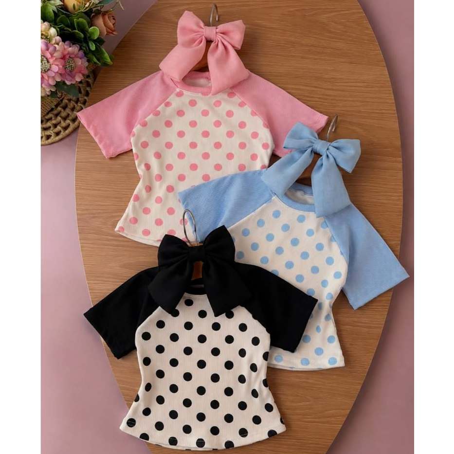 Blusa Infantil Menina Manga Curta Poá Bolinhas Modelinho Canelado