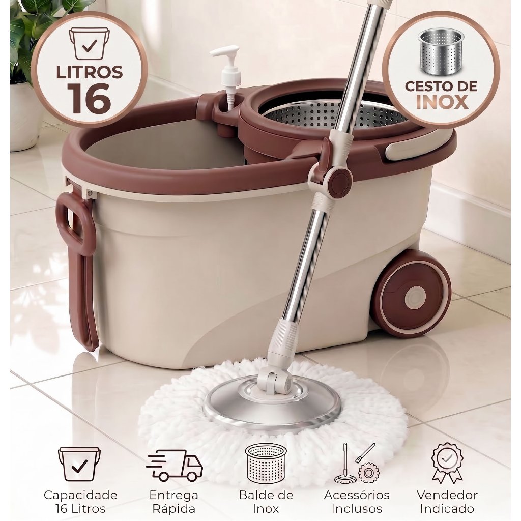 Mop 16 Litros Giratório Limpeza Prática Cesto Inox Com Rodinhas, Alça e Dispenser em 2 Cores