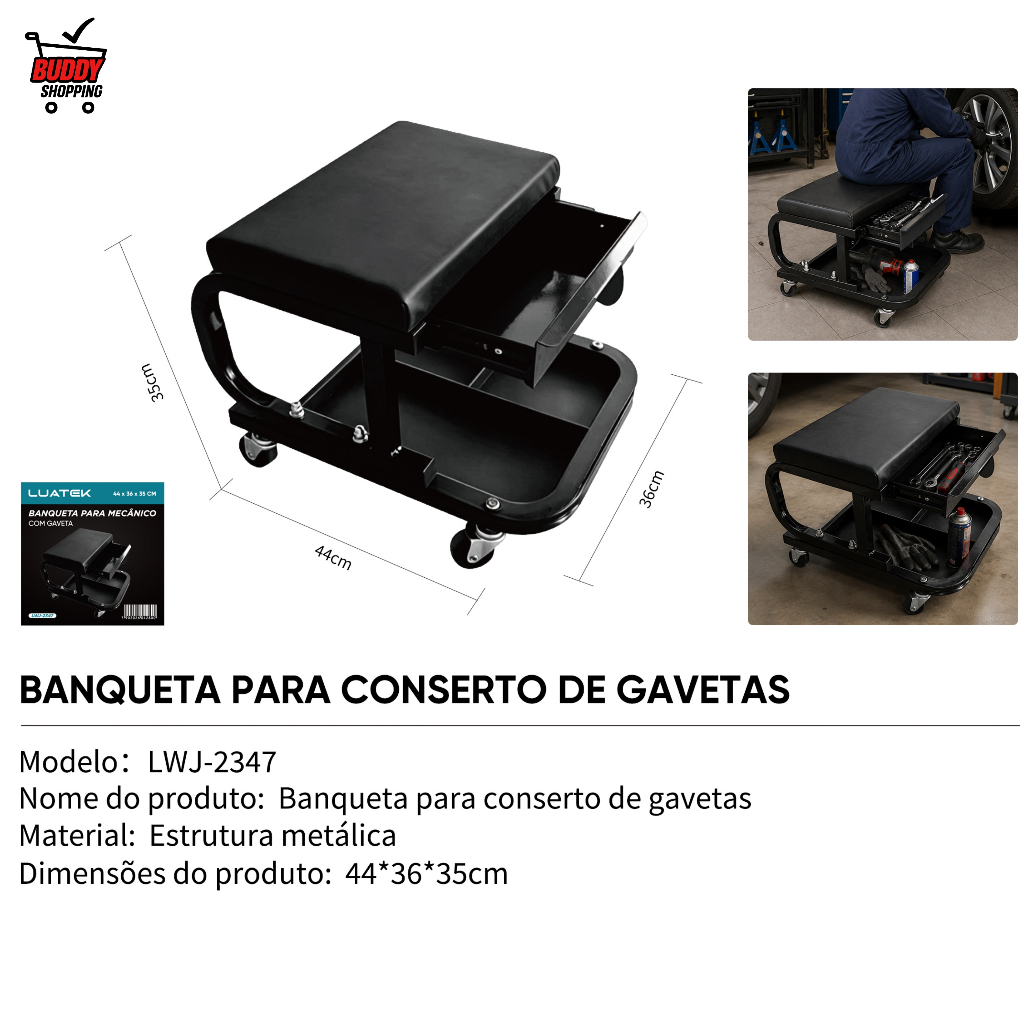 Banqueta Para Mecânico Com Gaveta Assento Estofado Carrinho De Oficina Com Rodízios Giratórios