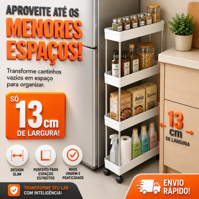 Carrinho Organizador Slim 4 Andares com Rodinhas 13cm Estreito para Cozinha Banheiro Lavanderia