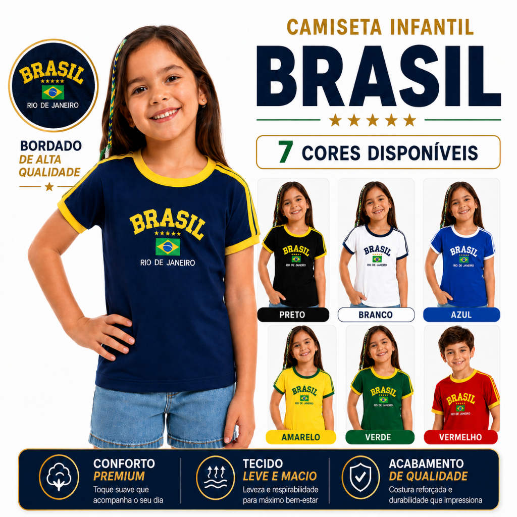 Camisa do Brasil Bordada Infantil Unissex