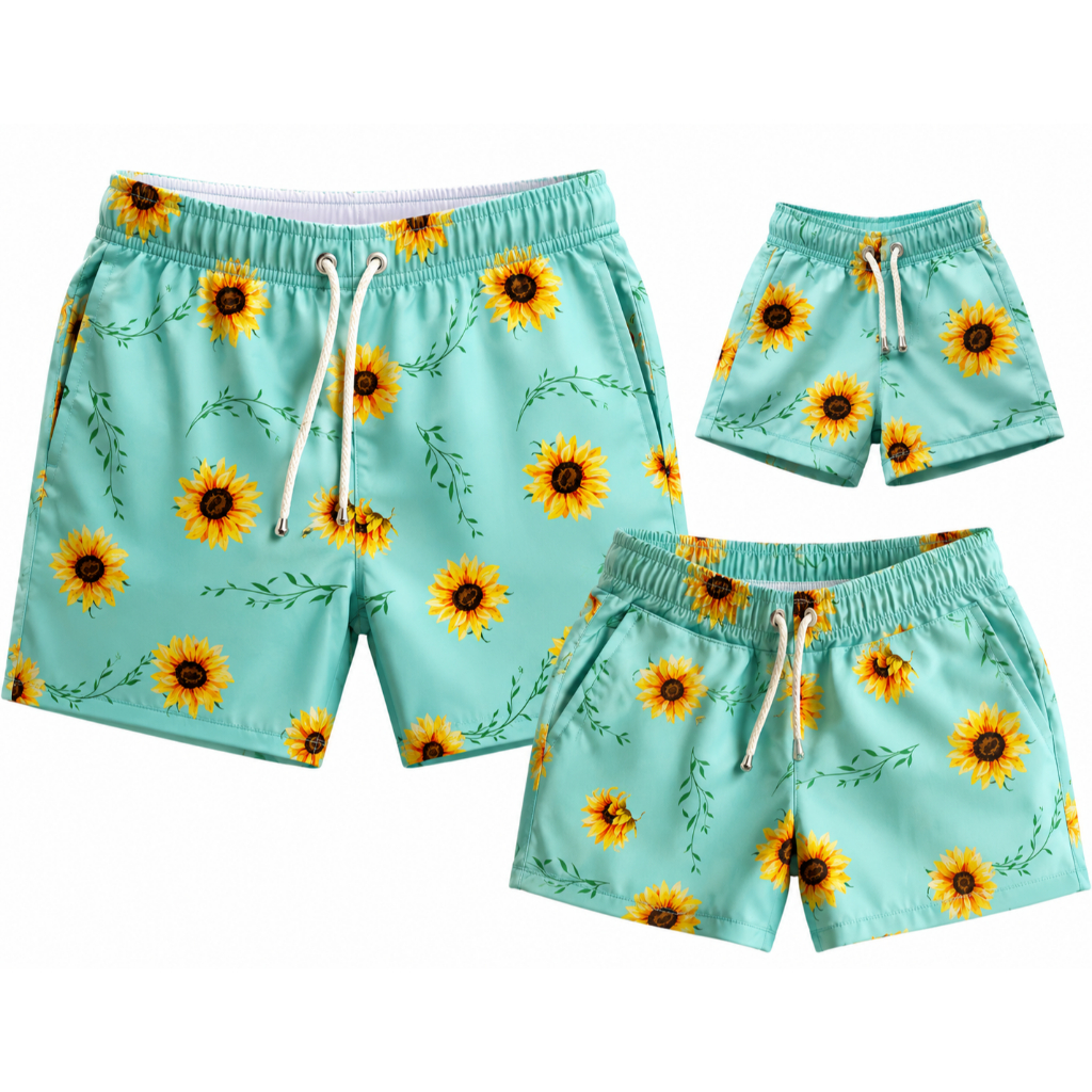 Conjunto 3 Shorts feminino masculino e infantil Tactel família calção de banho moda praia estampa barquinho esportiva