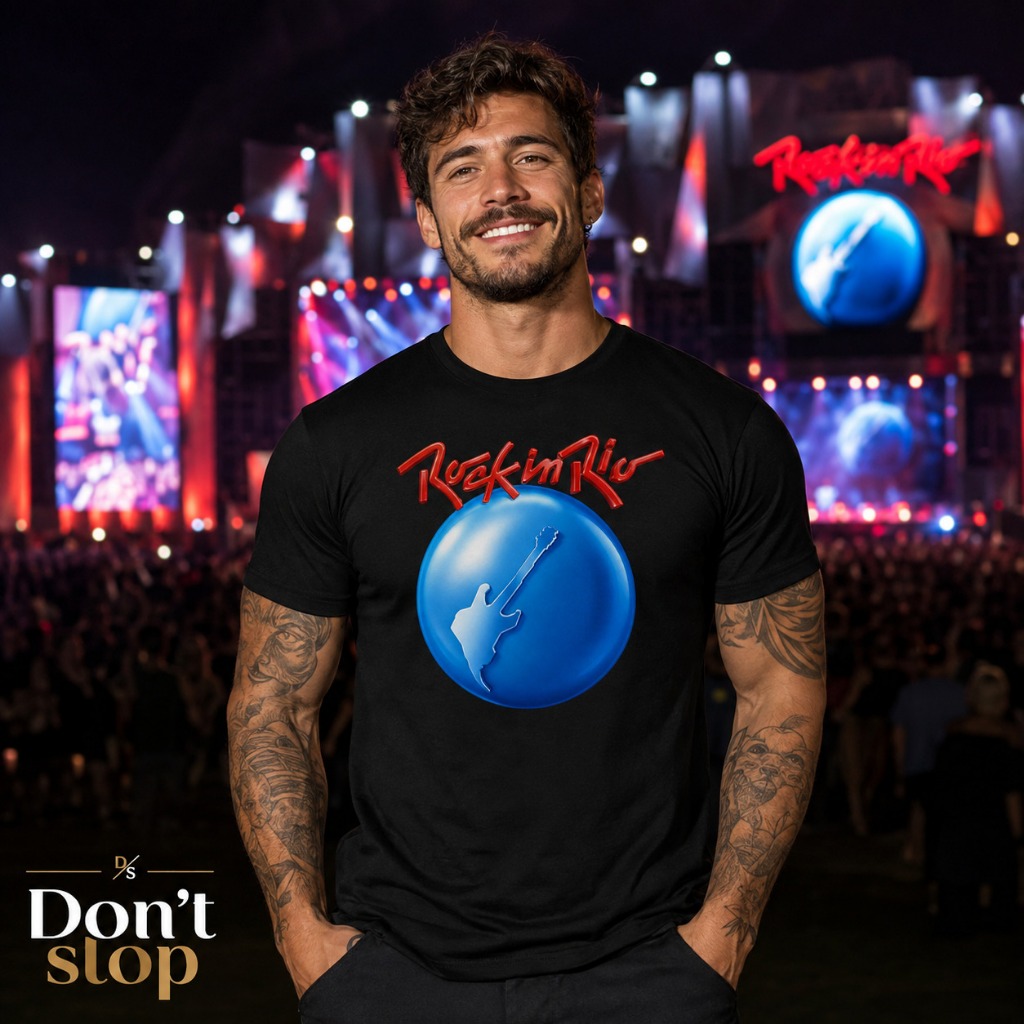 Camiseta Rock In Rio Guitarra Azul 2026 Algodão Premium Masculina Feminina Festival Música Diversas Cores