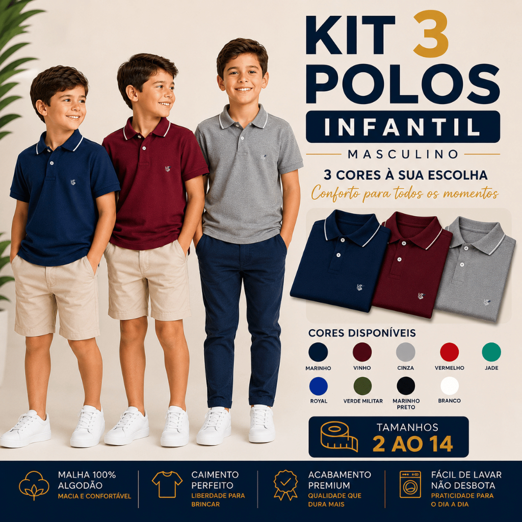 Kit 3 Camisa Polo Infantil Malha 100% Algodão 2 a 14 Anos.