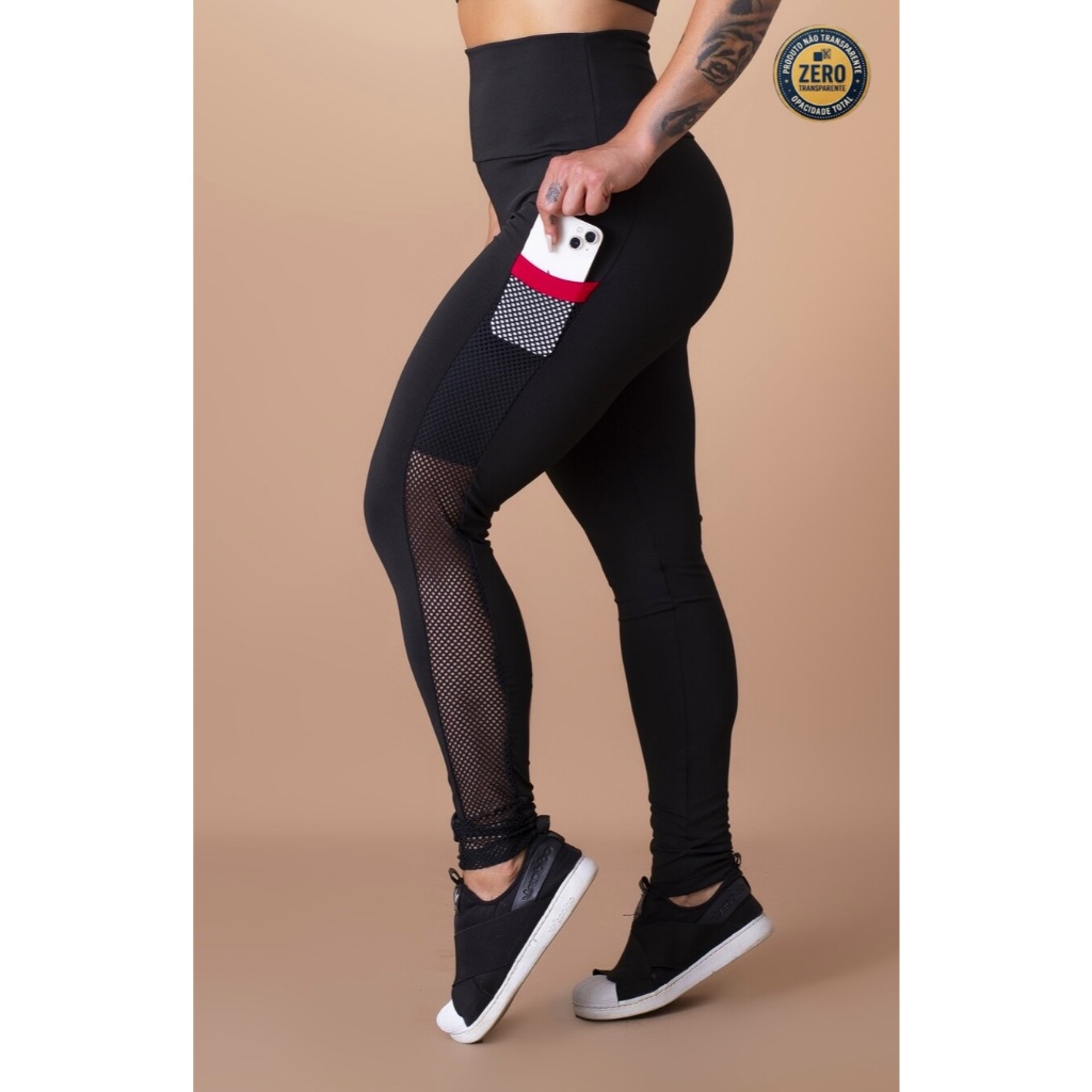 Calça Feminina Legging Cintura Alta Com Bolso Tela Lateral Academia ZERO TRANSPARÊNCIA