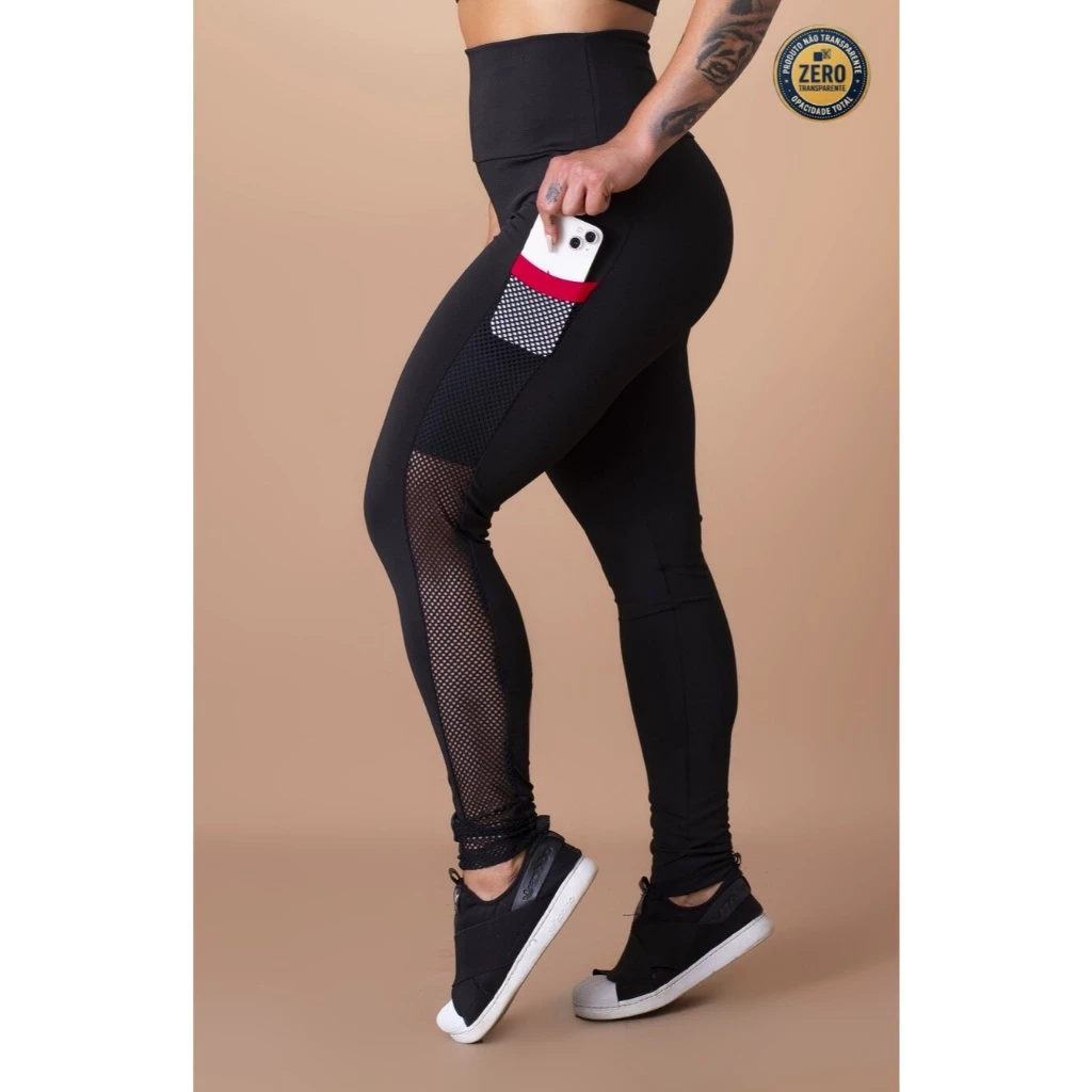 Calça Feminina Legging Cintura Alta Com Bolso Tela Lateral Academia ZERO TRANSPARÊNCIA