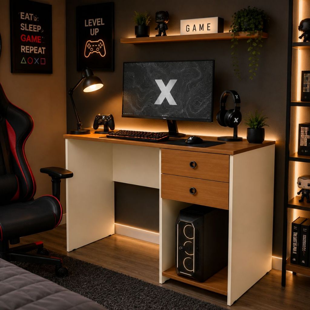 Escrivaninha Gamer Mesa Computador Home Office 2 Gaveta Moderna Suporte CPU Estudo Escritório Quarto