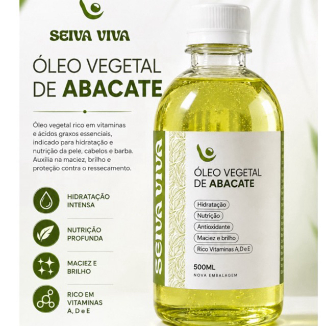 Óleo de Abacate Vegetal Puro 500ml 100% Natural Extração Para Cabelo, Pele e Umectação