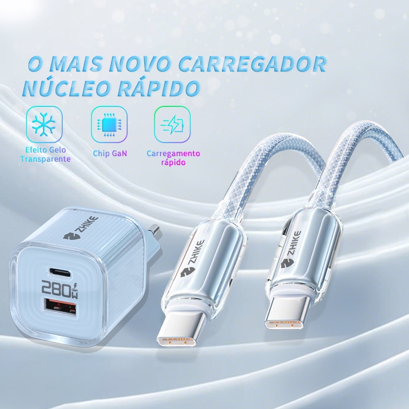 Kit Cabo Carregador Carregamento Rápido ZHIKE Adaptador GaN PD Tipo C 65W 1M Cristal Transparente Universal