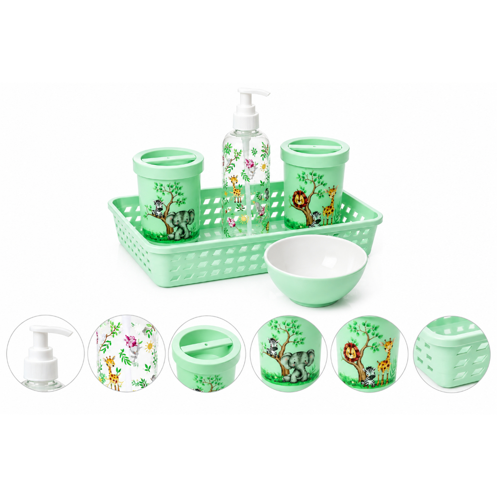 Kit Higiene Bebê Safari 5 Peças Plástico Menino Organização Quarto Bebê Completo Prático Kit Higiene Verde Plasútil