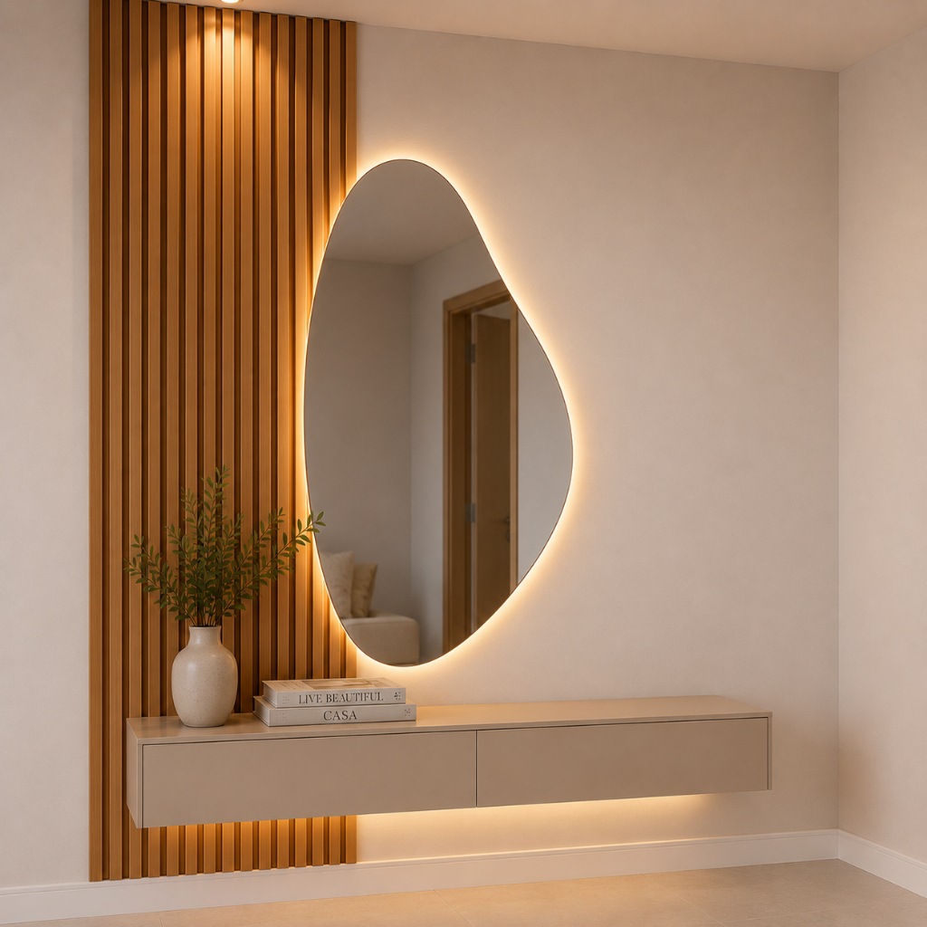 Kit Espelho Orgânico Grande com Led e Painel Ripado em MDF
