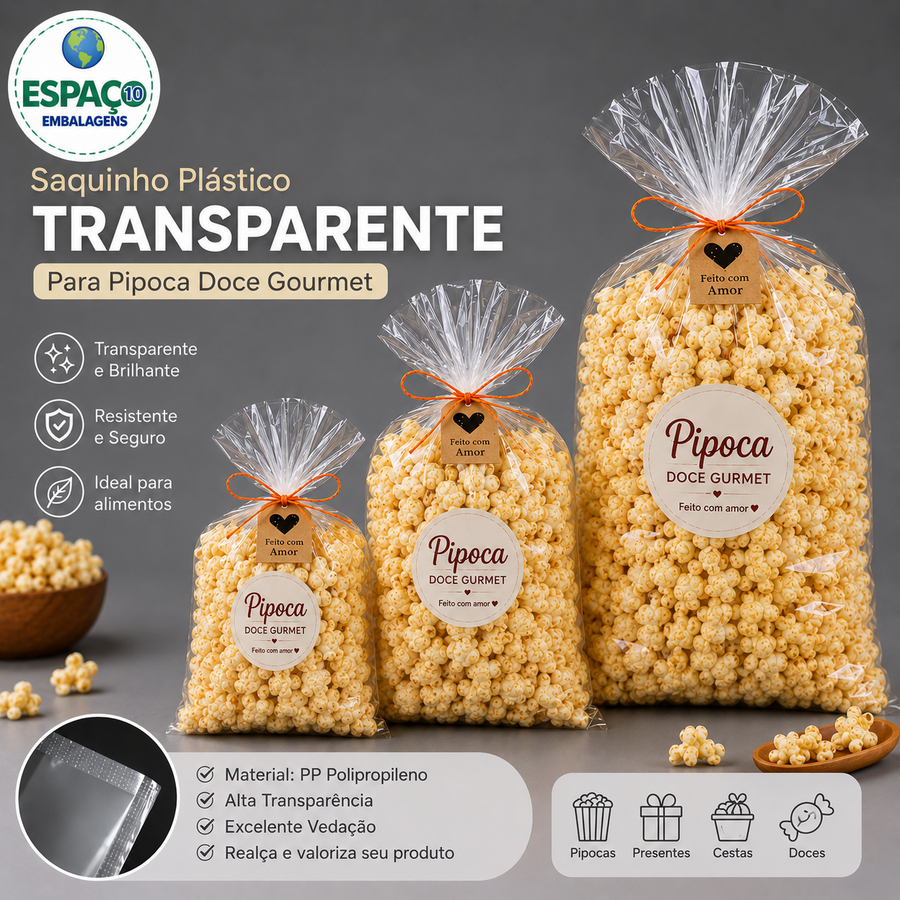 embalagem PARA PIPOCA GOURMET saquinho plástico poli transparente pp alta qualidade saco para alimentos