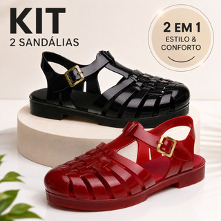Kit 2 Pares Sandália Salto Baixo Fivela Conforto Dia a Dia Feminina Ajustável