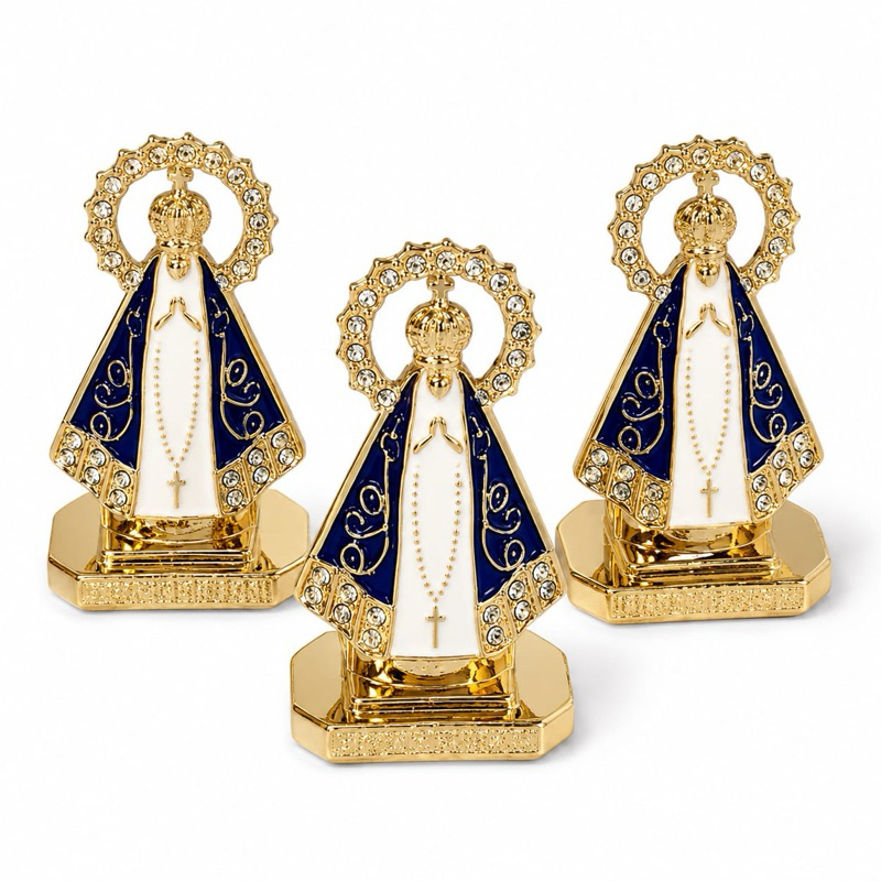 Kit Mini Nossa Senhora Aparecida Dourada com Strass para Carro Santinha Religiosa Decoração