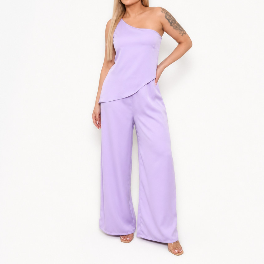 Conjunto Feminino Alfaiataria Calça Pantalona Blusa Assimétrica Um Mula Manca Ombro Só Festa Elegante Luxo Lilas