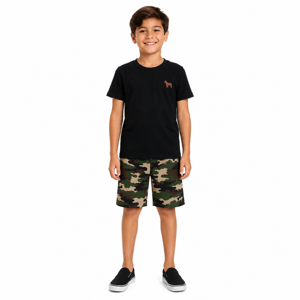 Conjunto Menino Verão Bermuda Camuflada Camisa Cachorrinho Masculino Infantil Barato Promoção Tamanho 1 2 3 4 6 8