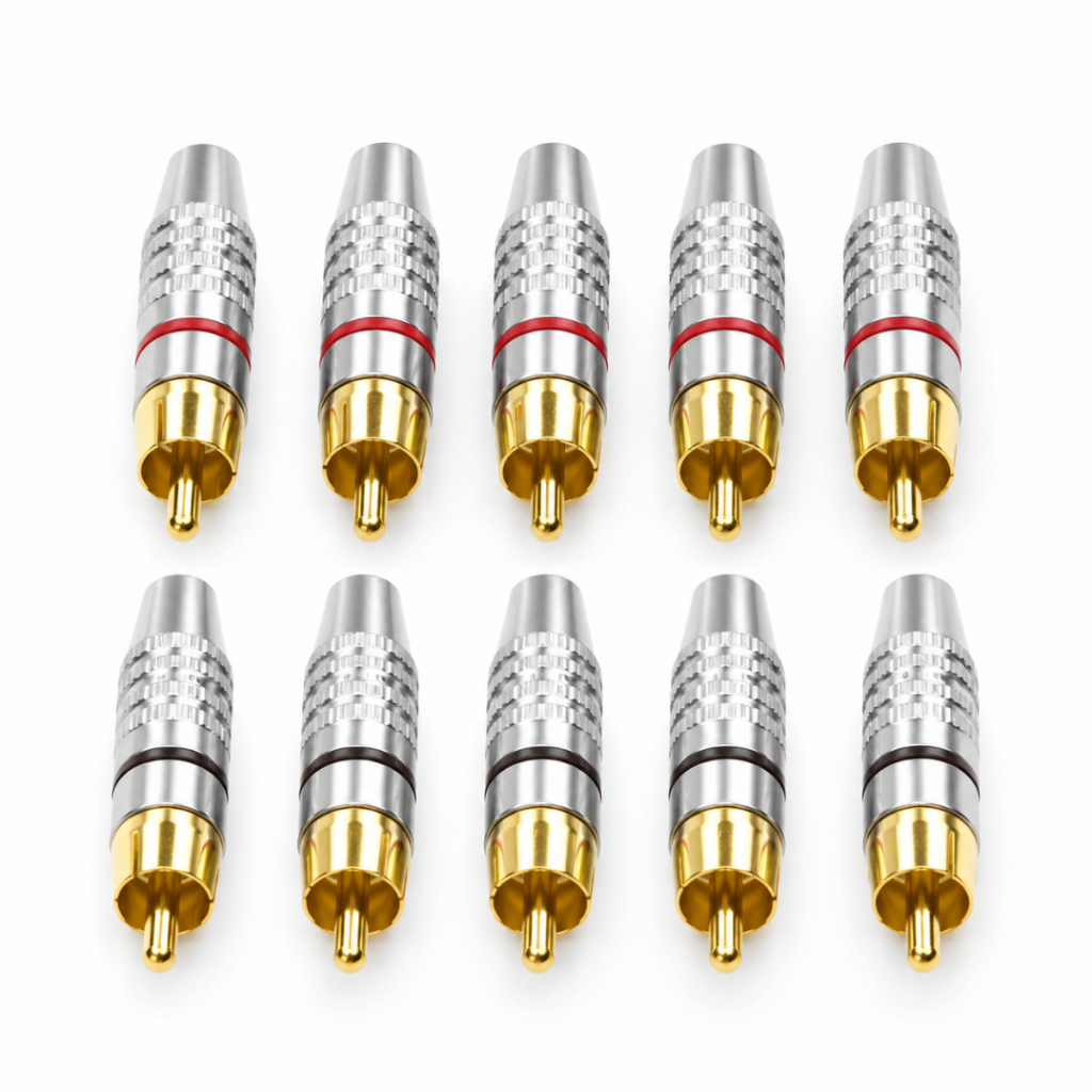 Plug RCA Macho Kit 10 Bertô Metal Niquelado Ouro para Solda Som Automotivo e Home Theater Ouro 5 Vermelho 5 Preto