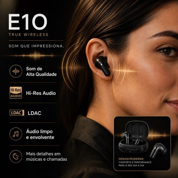 Fone De Ouvido Bluetooth 5.4 QCY E10 Hi-Res LDAC Sem Fio In-Ear Com Microfone