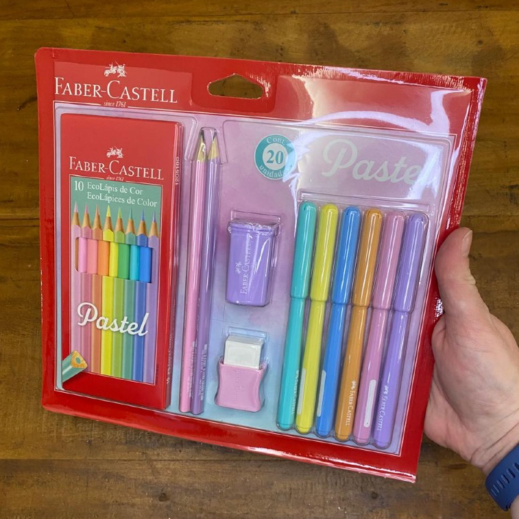 Kit Escolar Tons Pastel 10 Lápis de Cor + 6 Canetinhas + 1 Borracha + 1 Apontador + 2 Lápis Grafite - Faber Castell