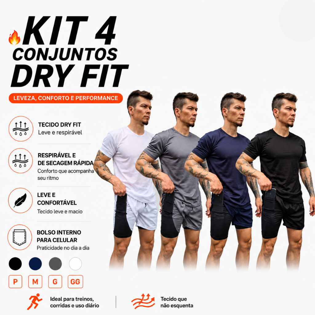 Kit 4 Conjunto de Academia Masculino Estilo Boyfriend com Shorts 2 em 1 + Camiseta Dry Fit