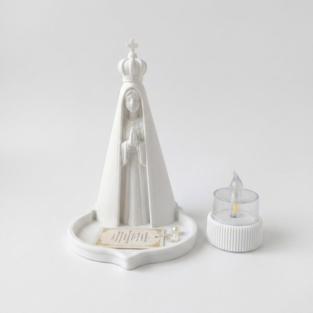 Nossa Senhora Aparecida Suporte Porta Terço Escultura Religiosa Decorativa com Bandeja + Vela Led