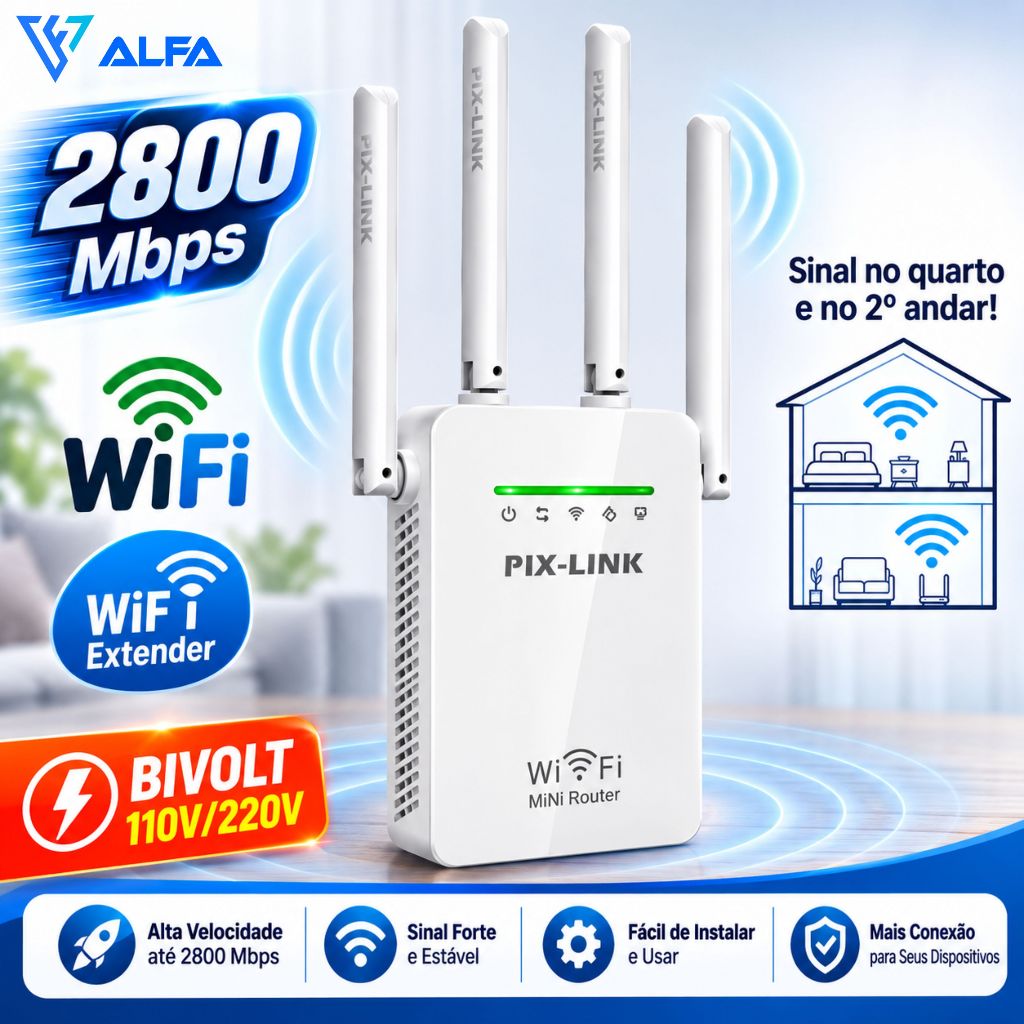 Repetidor e Roteador Wifi 4 Antenas Amplificador De Sinal 2800M Pix-link