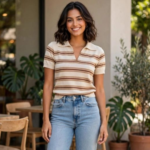 Blusa Tricô Modal Feminina Gola Polo Listrada Manga Curta Básica Premium Tamanho Único Influencer