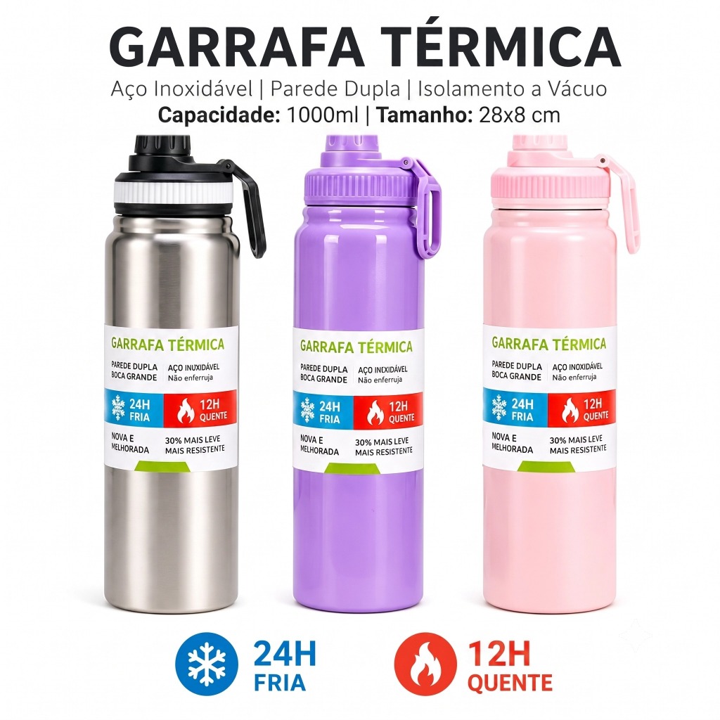 Garrafa térmica de aço inoxidável de 1000 ml, com tampa prateada, coador de chá, função para café Effeclog e alça