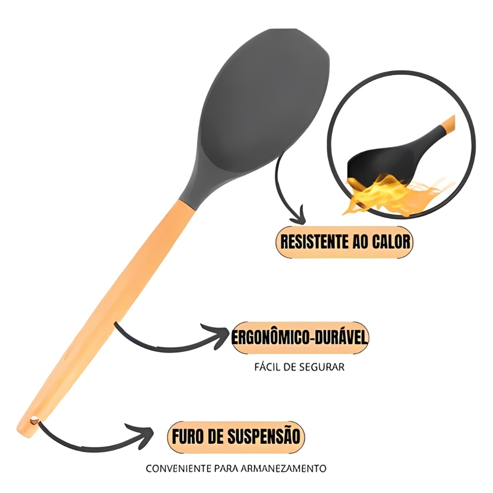 Kit Utensílios de Cozinha Silicone Cabo Madeira 12 ou 19 Peças com Organizador Multifuncional — imagem 2 de 2