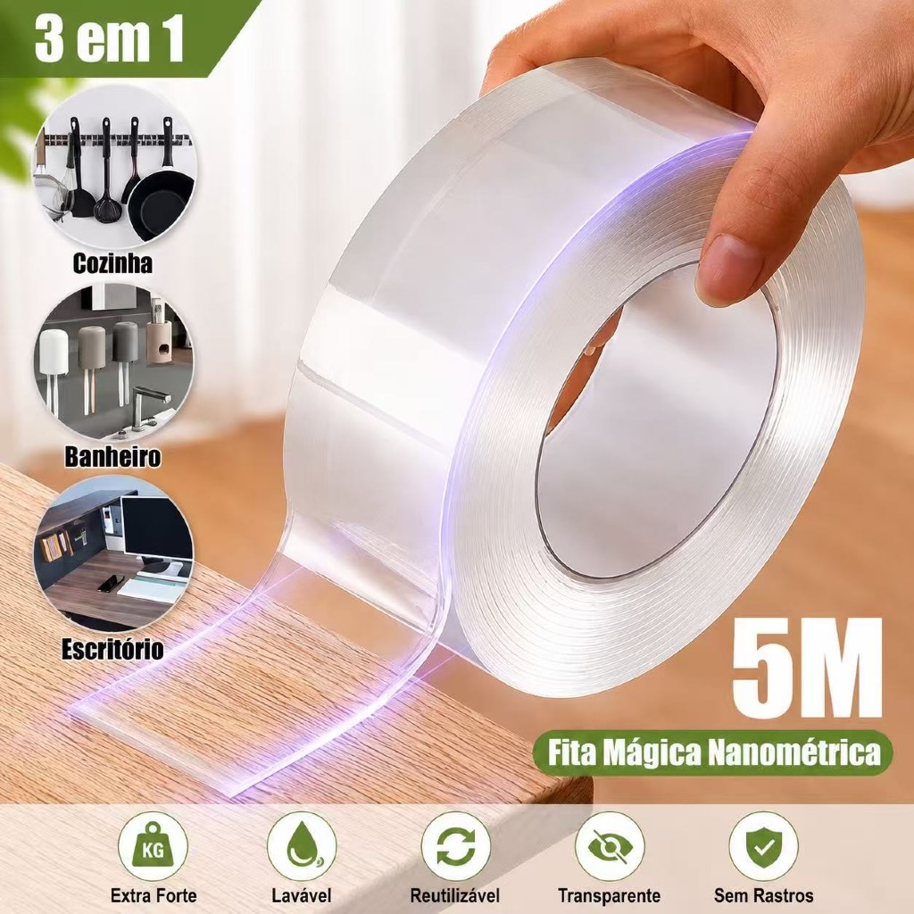 Fita Dupla Face Extra Forte Transparente NanoGel Silicone Mágica Adesiva Cola na Parede Móvel Porta