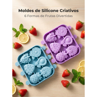 Forma de Silicone para Picolé 6 Cavidades Frutas com Palitos Reutilizáveis Empilhável varao