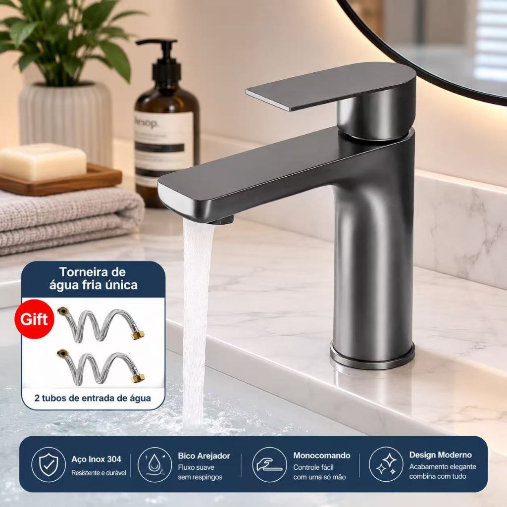 Bacia Do Banheiro Único Água Fria e Quente Torneira lavabo luxo inox preta cuba Torneira Inox
